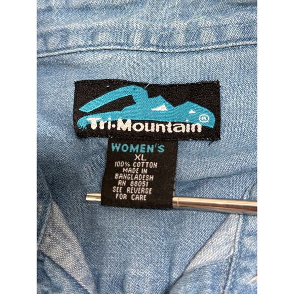 Tri-Mountain Top Womens XL Blue Button Up Tunic Denim Cat Lady Artsy 100% Cotton - Picture 7 of 12